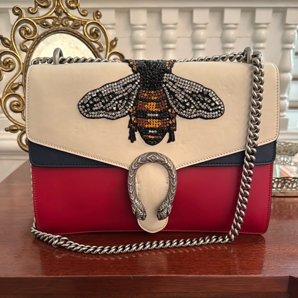 Gucci Red and Cream Bee Embellished Shoulder Bag NEW